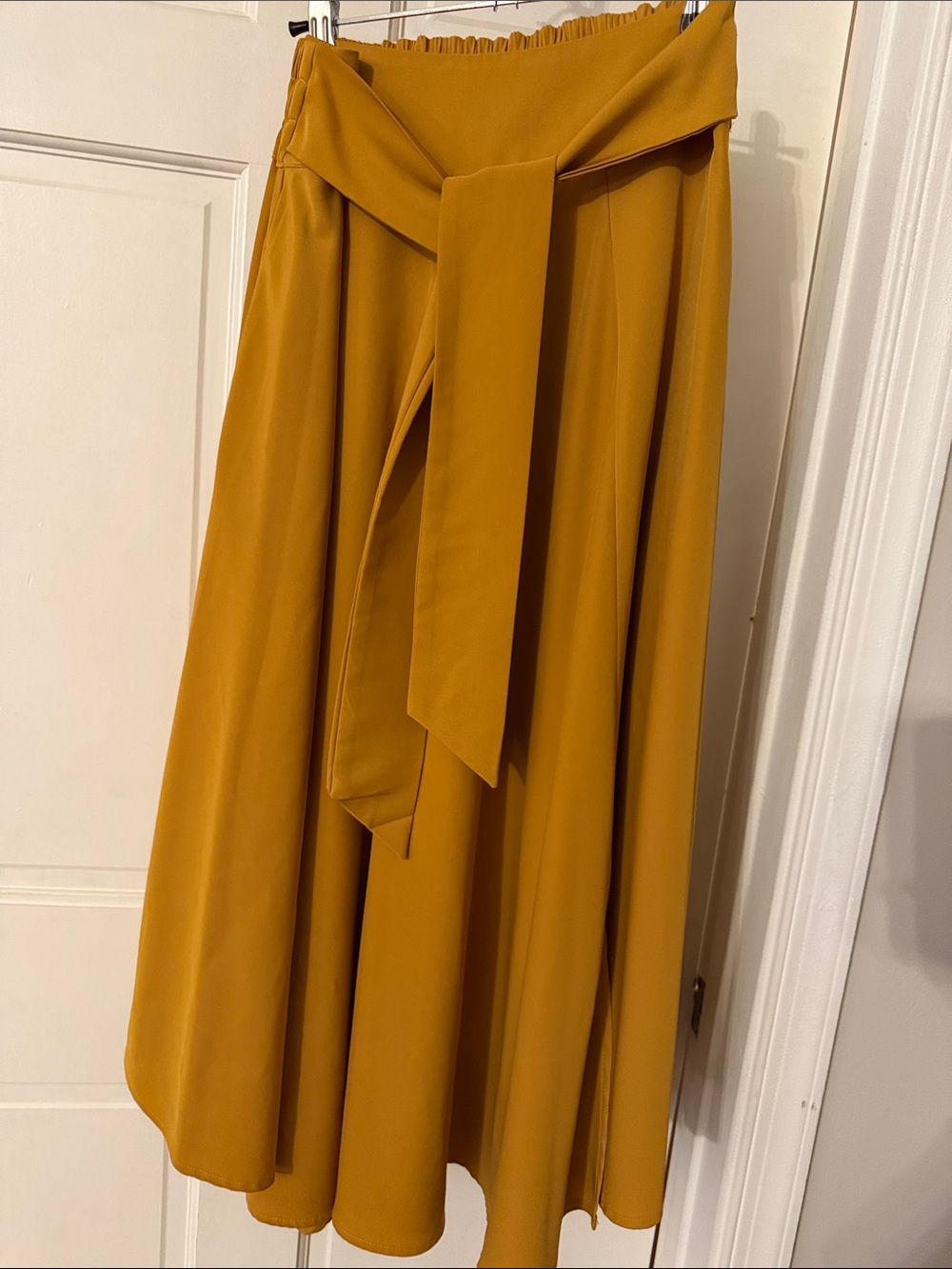 High-Waist Mustard Midi Skirt with Waist Tie